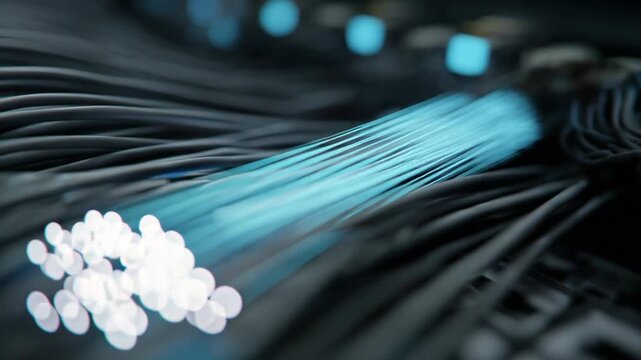 Fiber optic cables transmitting fast digital information and communication signals through glowing light streams, illustrating modern networking and technological connectivity
