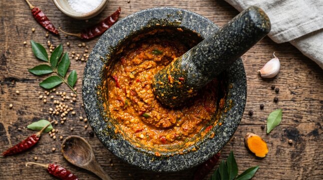 Curry paste is prepared inside a heavy stone mortar and pestle surrounded by fresh spices on a wooden surface.
