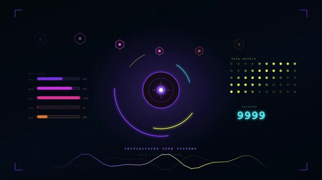 Three animated futuristic data visualizations featuring circular graphs, colorful indicators, and dynamic numeric displays.