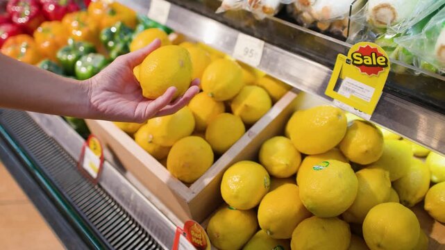 Asian Person Hand Picking Fresh Lemons in Supermarket Produce Section
