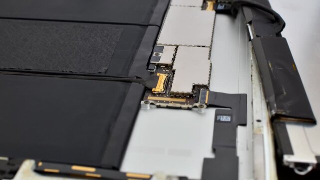 Close-up of tablet maintenance, showcasing technical care and precision in the repair process. Tablet repair close-up, showcasing tools and necessary care for an efficient maintenance process.