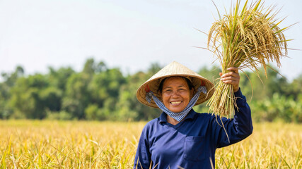 Obraz premium Rice farmer field harvest chinese tradition smiling woman hold rice stalk outdoor. Chinese harvest tradition under moon prosperity lucky lunar reunion abundance family
