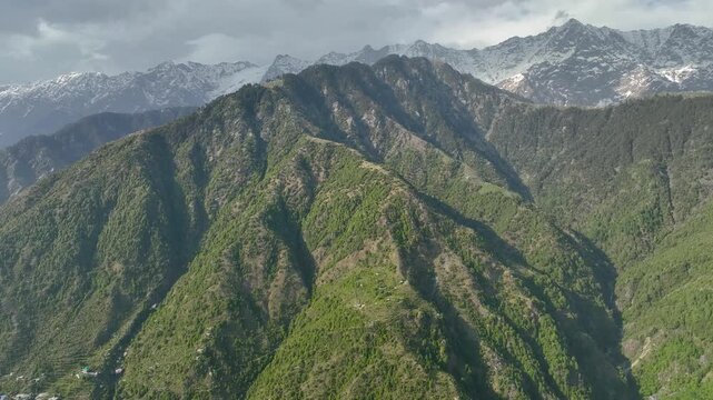  Himalayan landscape with McLeod Ganj aerial view,Aerial panorama of McLeod Ganj in Kangra valley India
