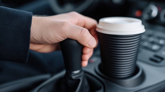 Close up of person's hand holding disposable coffee cup next to gear stick inside vehicle.