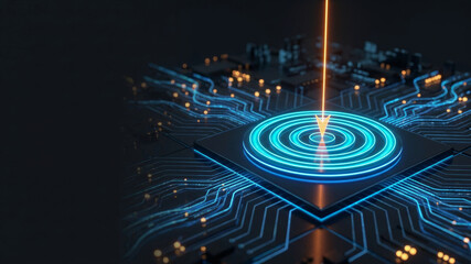 Fototapeta premium Circuit microchip technology laser data network achievement milestone corporate goal. Leadership strategy management. goal objective success, growth progress performance, motivation