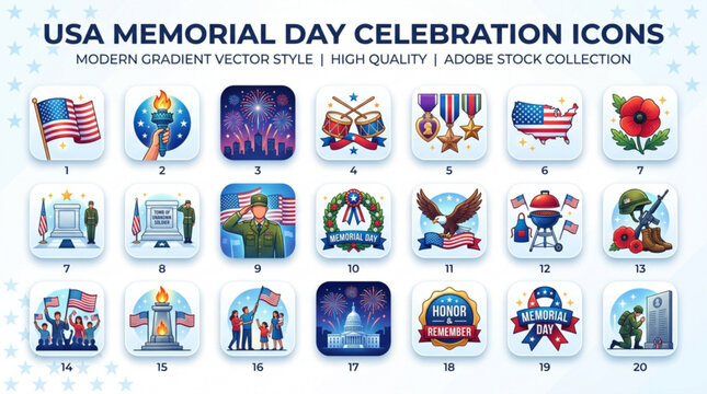 Usa memorial day celebration icons set modern gradient vector style patriotic symbols