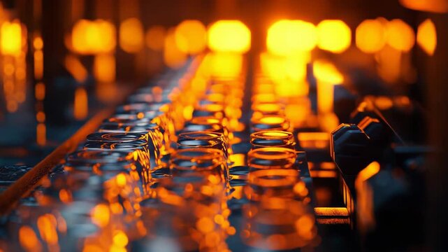 Clear glass vials move continuously on a conveyor belt in a factory, glowing with warm orange light during an automated manufacturing process for pharmaceutical packaging