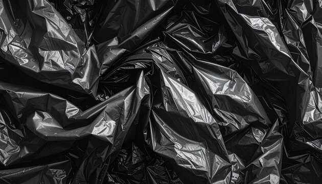 Crumpled Black Plastic Packaging Material Texture.