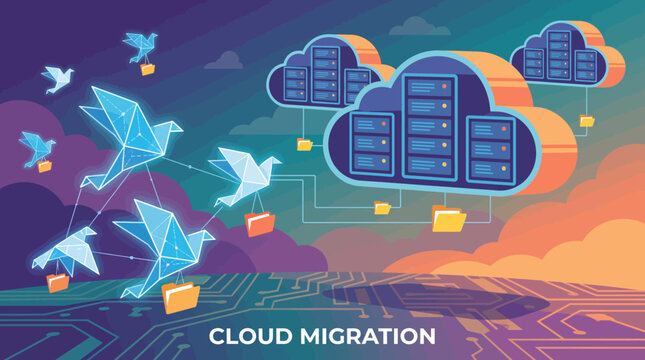 Cloud migration concept with digital origami birds carrying data folders to cloud servers