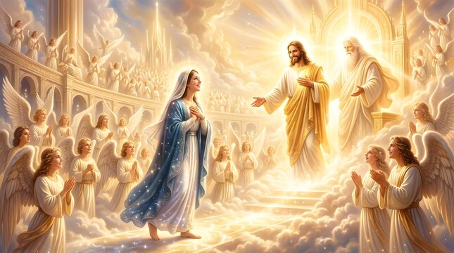 The Assumption of Mary into Heaven with Jesus, God, and Angels.