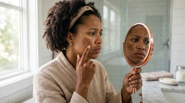 Worried African American woman looking in mirror at skin hyperpigmentation on her cheek. Skincare and dermatology concept. Concern about skin health, facial blemishes, and dark spots in the morning
