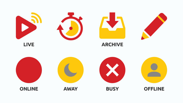 Set of eight flat design icons representing online status and actions like live streaming, archiving, and editing.
