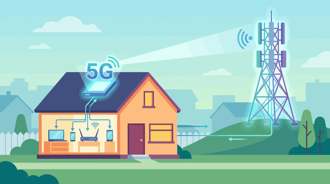 Fixed wireless access 5G home internet network connection from telecommunication tower