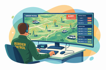Border Patrol Dispatcher Monitoring Emergency Alerts on Curved Screen © nasyih