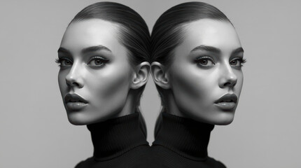 Fototapeta premium Elegant mirrored portrait of woman with sleek hair and dramatic makeup, high fashion mood