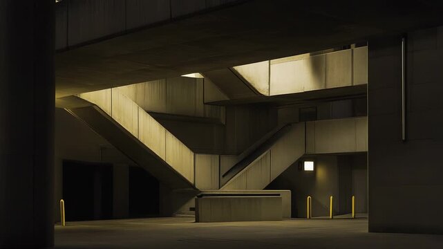 Concrete building structure presenting a multilevel complex of geometric staircases and walkways illuminated by artificial light and casting strong shadows at night