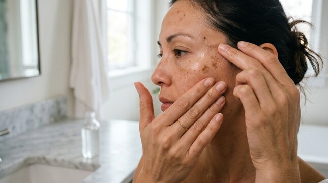 Close-up of woman examining pigmentation spots and age spots on her face in a well-lit bathroom. concept of skincare awareness, hyperpigmentation treatment, skin health