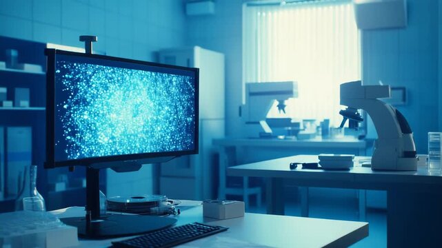 Laboratory scene of digital biotechnology research, glowing particle patterns on a monitor, scientists analyzing data, symbolizing innovation in diagnostics, genetics, and healthcare advancements