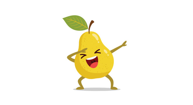 Energetic cartoon of a bright yellow pear character performing a dabbing dance move with a big happy smile on a clean white background.