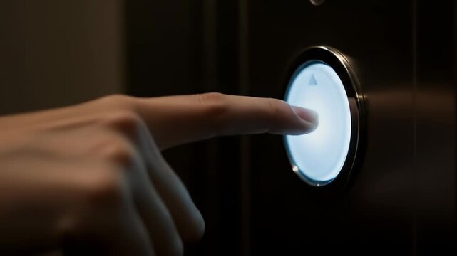 A finger pressing a bright, circular elevator call button on a dark, metallic panel