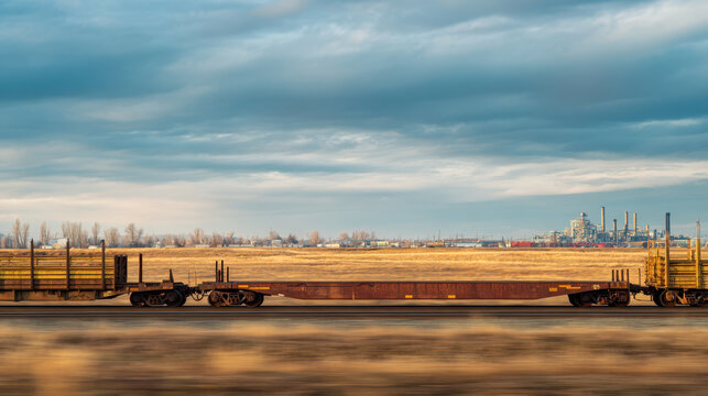 Flatbed railcar cargo supply transport on railway track with industrial factory and cloudy sky in background