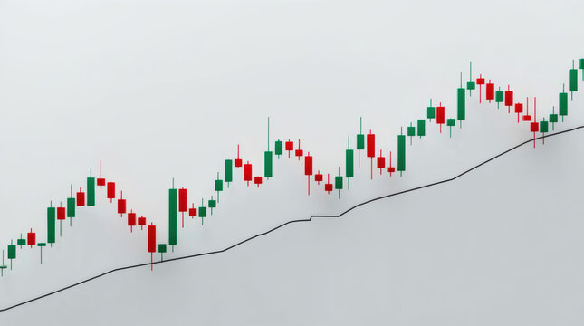 Upward financial candlestick chart with moving average line showing bullish momentum and tension