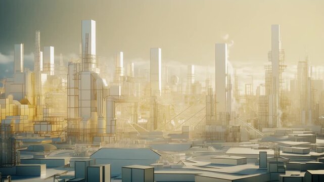 Abstract industrial city landscape with architectural wires, schematic urban structures, and futuristic buildings, representing technological advancement and modern development