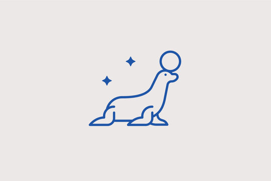 Seals balancing a ball line icon for marine animal shows and aquatic parks. Entertaining vector illustration for zoo educational materials and sea world tours.