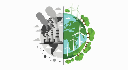 Fototapeta premium A split-design illustration of Earth, divided into a polluted industrial side and a clean renewable energy side with wind turbines and green leaves, against a white background.
