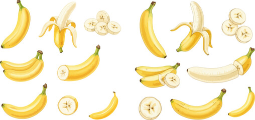 Set of fresh yellow bananas, whole, peeled, and sliced, isolated on a white background, healthy fruit collection. © Ytaja
