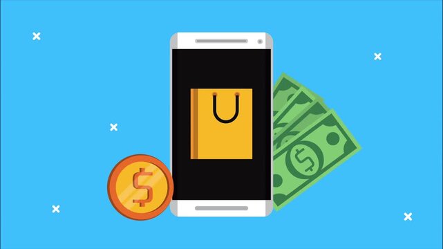 Smartphone ecommerce animation featuring buy button shopping bag and gift box with money icons.