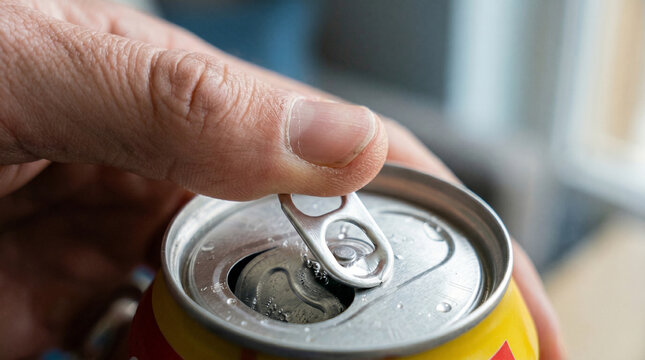 Closeup of a hand opening a yellow soda can with a silver pull tab on a blurred background