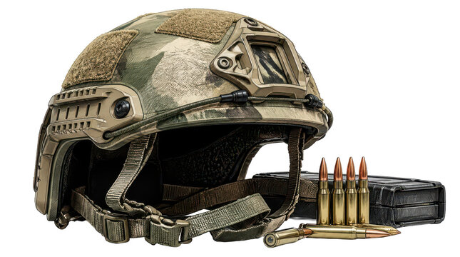 Camouflaged tactical helmet resting near precision ammunition, isolated on a white background for a cinematic composition showcasing military gear with detailed cross hatched textures and equipment.