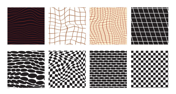 Abstract Distorted Grid Pattern Collection with Optical Illusion Modern Vector Background Design
