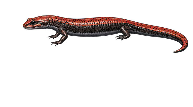 Detailed anatomical study of a red backed salamander, showcasing a vibrant orange stripe against dark skin, presented in a widescreen composition and isolated on a transparent background for design.
