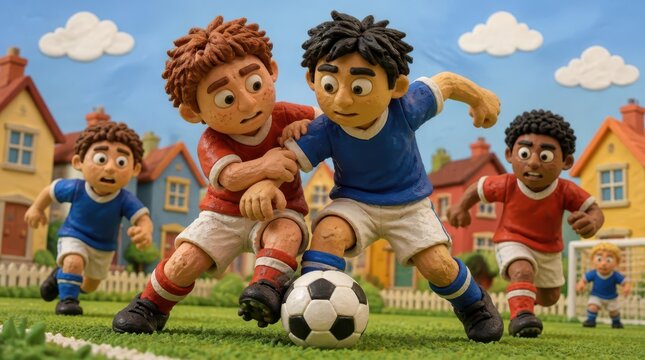 Detailed clay figures with expressive painted faces in a high energy soccer scramble, creating a cinematic widescreen scene of competitive youth sports in a colorful miniature neighborhood setting.