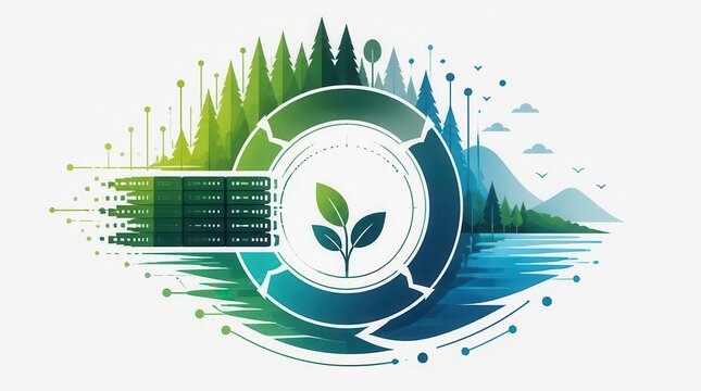 Geometric stylized server blades transitioning into forest silhouettes, showcasing sustainable data center technology and digital transformation for a clean energy future in a wide cinematic view.