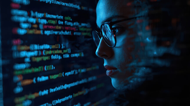 Young developer debugging code on dark monitor, focused and determined