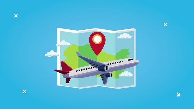 A dynamic animation showcasing airplane flying over a map with location pin, ideal for travel and tourism concepts.
