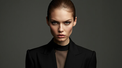 Obraz premium Intense female portrait fashion model strong jaw sleek hair moody lighting