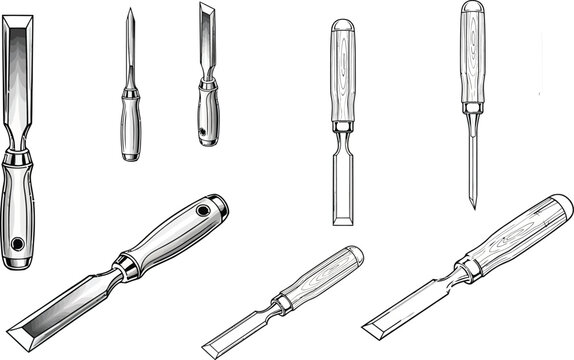 Set of various chisels and woodworking tools for carpentry and crafting projects
