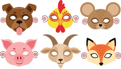 Cute Cartoon Animal Face Mask Set with Dog Chicken Mouse Pig Goat and Fox for Kids Party Costume Halloween Vector Illustration