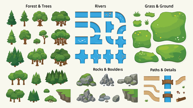 Isometric nature game assets kit, forest trees and river map constructor elements, green grass and rock landscape vector set for world building