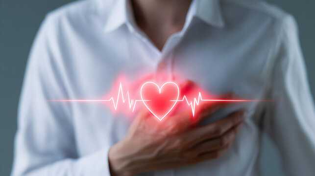 Person Clutching Their Chest With Glowing Red Heartbeat Pulse Line
