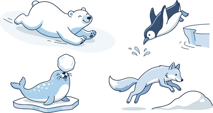 Cute Arctic Animal Set with Running Polar Bear, Diving Penguin, Seal Balancing Snowball, and Jumping Fox for Kids Designs