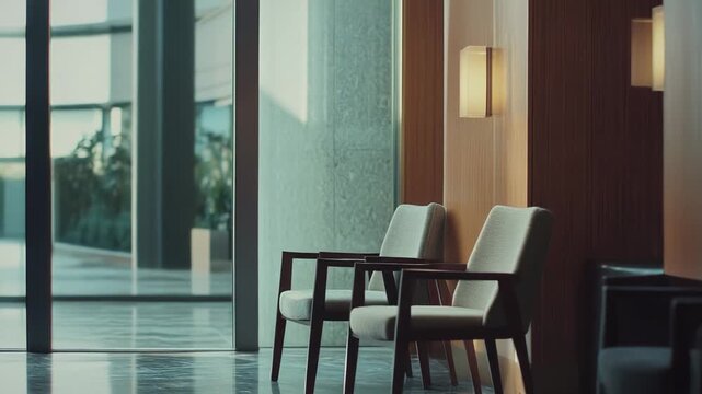 Empty modern waiting area featuring contemporary design chairs, sleek wooden paneling, ambient wall lighting, and reflective floor surfaces, creating a professional and refined interior space