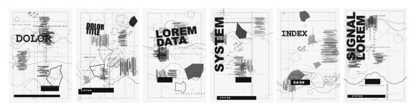 Abstract Brutalist Graphic Poster Set: Minimalist Black and White Vector Layouts with Glitch Text, Grid Systems, and Swiss Design Elements