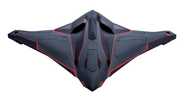 Sharp edged modular UCAV digital painting with vibrant red details isolated on a clean white background, showcasing advanced aerospace technology in a sleek cinematic widescreen digital art format.