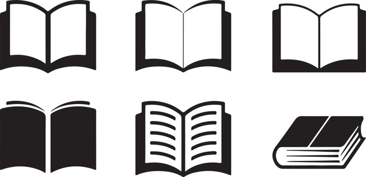 Six black open and closed book icons on white background