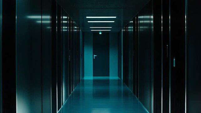 Server room corridor with rows of data cabinets bathed in futuristic blue light, reflecting on the floor and leading to a closed door, symbolizing data processing and security